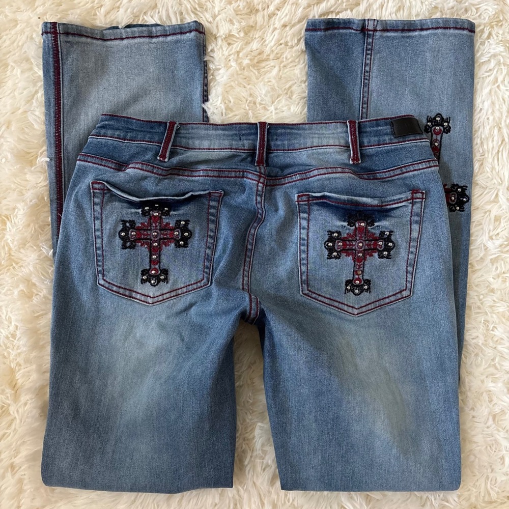 Flamingals Distressed Flare Jeans Light Wash Red Stitch Cross Embroidered XL